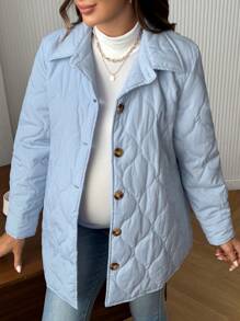 SHEIN 孕妇纯色纽扣长袖休闲棉服外套，适合日常穿着，适合冬季 - 藍色 - 查看 3