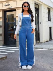 SHEIN Essnce Women's Simple Wide Strap Button Pocket Casual Denim Jumpsuit - Dark Wash - View 3