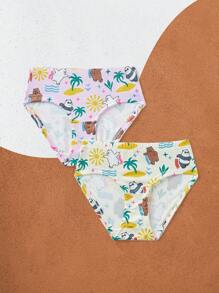 We Bare Bears X SHEIN 2 件装少女可爱卡通熊和热带印花舒适三角内裤 - 彩色 - 查看 1