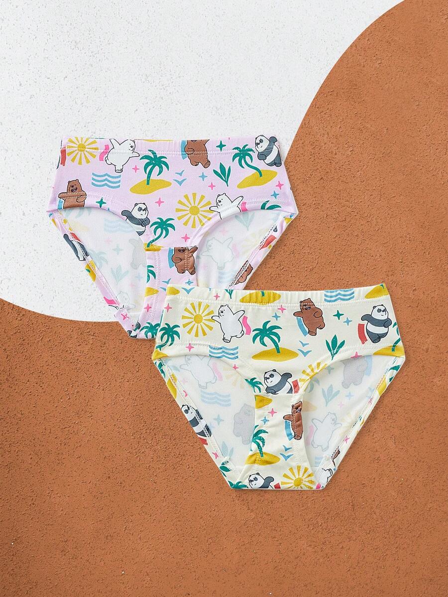 We Bare Bears X SHEIN 2 件装少女可爱卡通熊和热带印花舒适三角内裤 - 彩色 - 查看 1