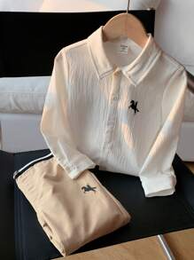 SHEIN 2pcs Young Boys Academia Deer Logo White Collar Long Sleeve Shirt And Pants Set,Family Matching,Back-To-School,Summer,White Outfits For Fall/Winter - Khaki - View 7
