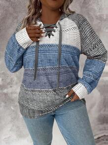 Plus Size Women's Autumn Raglan Sleeve Contrast Collar Tie-Up Hooded Casual Faux Fur Knit Sweatshirt