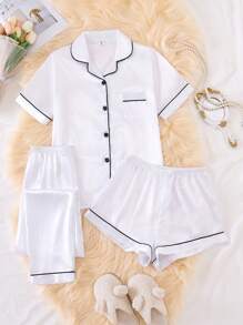 Trzyczęściowy zestaw piżamowy dla nastolatek - zawiera krótkie spodenki, długie spodnie i kardigan z krótkim rękawem z tkaniny satynowej