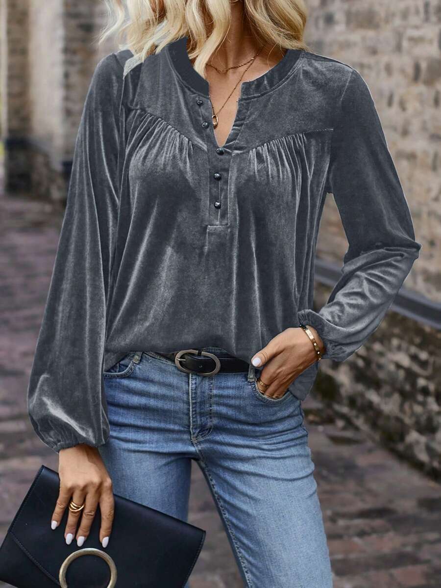 SHEIN LUNE 女式休闲简约纽扣灯笼袖 T 恤，秋季 - 灰色 - 查看 1