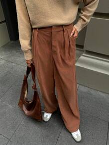 Aloruh Women's High Waist Wide Leg Straight Corduroy Floor Length Pants, New Arrival Autumn/Winter - Khaki - View 3