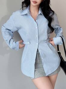 SHEIN LUNE Áo sơ mi nữ tay dài cài nút phía trước có cổ, eo thắt và họa tiết sọc - Màu xanh lam - Xem 1