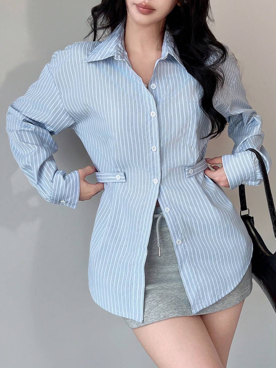 SHEIN LUNE Áo sơ mi nữ tay dài cài nút phía trước có cổ, eo thắt và họa tiết sọc - Màu xanh lam - Xem 1