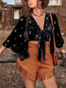 SHEIN VCAY Plus vintertoppar för Thanksgiving och utflykter, westerntopp för homecoming och westernklädsel för rave, festivaltopp med sammet och knytband framtill för nyår - Svart - Visa 6