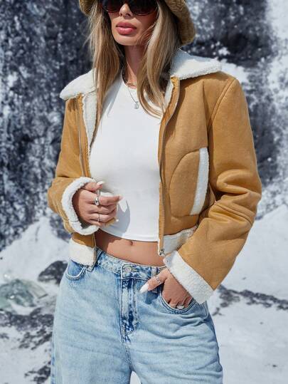 Femmeiva Women Urban Nomad Style Short Faux Suede Sherpa Lining Biker Jacket Coat, Thicker, Autumn/Winter Fall Cloth For Women