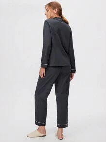 LUVLETTE 夏季黑色柔软100%纯棉基本款长款睡衣套装，女士家居服套装，带口袋长裤，纯棉睡衣 - 深灰色 - 查看 4