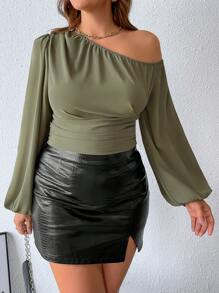 SHEIN Unity Áo cánh tay đèn lồng xếp ly eo cỡ lớn cho nữ, cổ bất đối xứng, cổ áo bất đối xứng, màu trơn, một bên vai - xanh quân đội - Xem 1