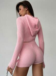 Aloruh 2pcs/Set New Pink Warm Hooded Cardigan Sweater & Shorts Set, Versatile For Indoor & Outdoor Wear - Pink - View 5