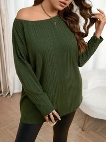 SHEIN LUNE Plus Size Solid Color Ribbed Loose T-Shirt, Casual & Simple, Autumn Plus Size Fall Clothes