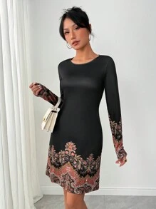 EMERY ROSE Sukienka dopasowana, elegancka, z długim rękawem i nadrukiem kwiatowym