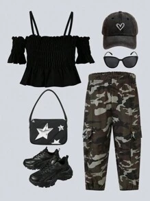 SHEIN Explorewe Baby Girl Cold Shoulder Ruffle Hem Top & Camo Print Flap Pocket Pants - Multicolor - View 2