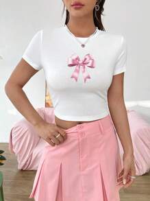 SHEIN EZwear 女士休闲简约粉色蝴蝶结装饰白色圆领短袖修身短款 T 恤，棉质 - 白色 - 查看 3