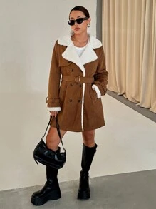 Flirla Abrigo casual de mujer con solapa, de pana, de doble botonadura, con cinturón y de largo medio, para otoño/invierno