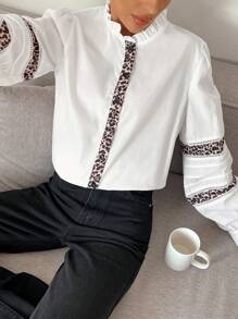 SHEIN Frenchy 女士豹纹百褶领长袖衬衫 - 白色 - 查看 4