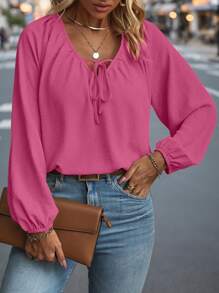 SHEIN LUNE Camisa de manga farol de unicolor informal para tallas grandes en otoño - Rosa Fucsia - Ver 3