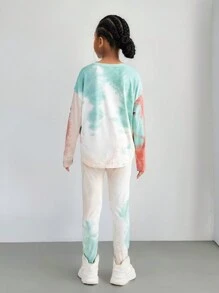SHEIN 青少年女孩扎染印花 V 领插肩长袖 T 恤和裤子休闲 2 件套，秋季服装 - 彩色 - 查看 2
