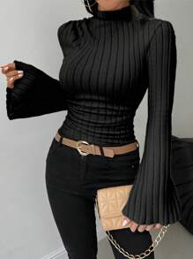 RosyDaze Camiseta feminina de manga comprida, versátil, de malha elástica, com nervuras, macia e agradável à pele, casual, com mangas sino, com acabamento canelado fino, para outono e primavera