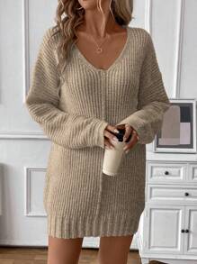 EMERY ROSE Oversized V-Neck Knit Sweater Dress, Casual Loose European & American Style Solid Color Pullover, New Design Fall Winter Cloth For Women - Khaki - View 5