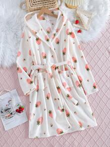 SHEIN Explorewe 青少年女孩休闲草莓印花长袖连帽毛绒睡袍家居服 - 彩色 - 查看 1