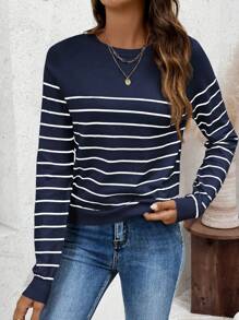 EMERY ROSE Women Striped Crew Neck Casual Comfortable Knitted Sweater, Summer In Fall/Winter - Navy Blue - View 6