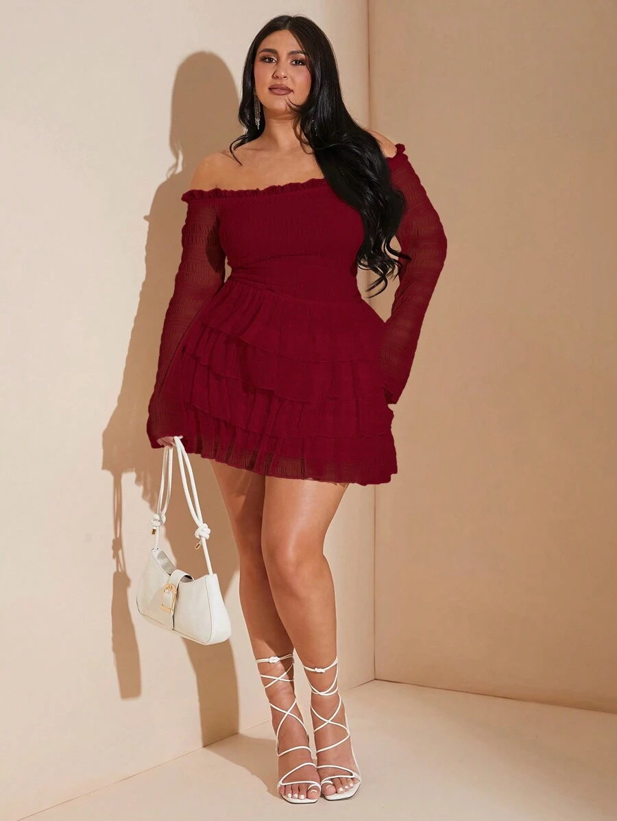 SHEIN BAE Plus Size Fall Sweet And Sexy Ruffle Texture Off-Shoulder Long-Sleeved Pleated Layered Ruffle Mini Dress - Burgundy - View 1
