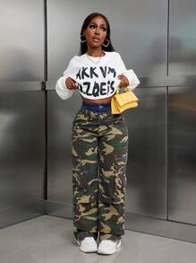 SHEIN SXY Damskie luźne spodnie jeansowe cargo, styl uliczny vintage, kamuflaż, patchwork, ściągacz w pasie, proste nogawki, niski stan, szerokie nogawki, wiele kieszeni, na każdą porę roku - Wielokolorowe - Zobacz 5