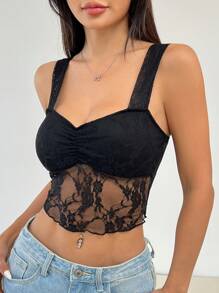 SHEIN PETITE 女士夏季修身褶饰蕾丝短款吊带背心 - 黑色 - 查看 7