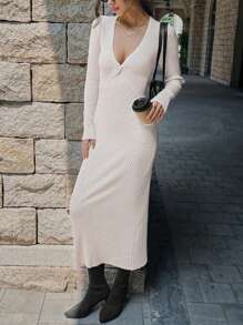 SHEIN Unity Casual Solid Color Twist Front Split Side Fitted Long Sweater Dress, Autumn Fall Cloth For Women - Apricot - View 4