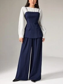 Heiryn 2pcs Women Casual Contrast Color 2 In 1 Waist Top & Pants Set, Autumn 2 Pieces Set - Navy Blue - View 2