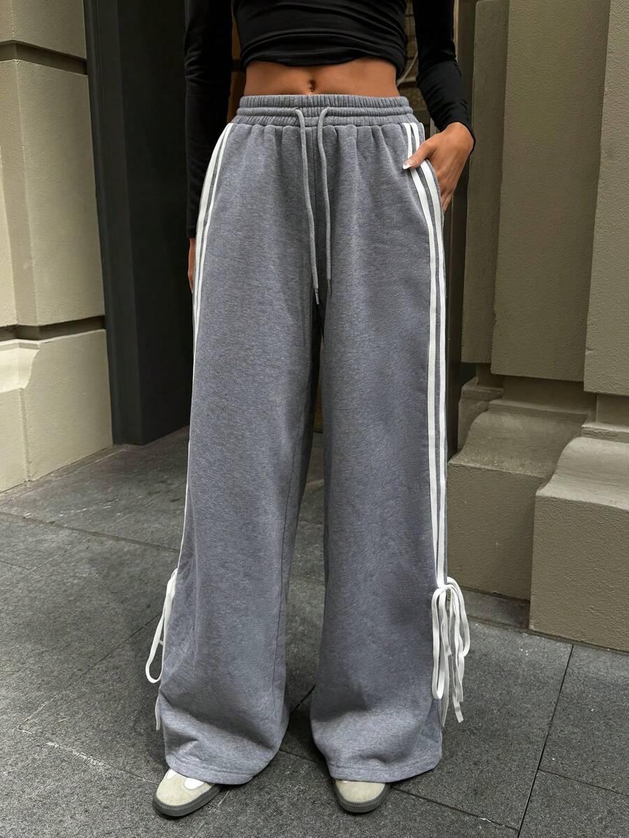 Aloruh Women's Solid Color Patchwork Front Tie Waist Casual Pocket Pants - Grey - View 1