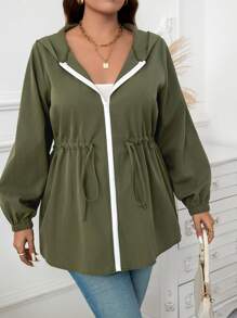SHEIN LUNE Plus Size Women Casual Solid Color Lantern Sleeve Drawstring Waist Zipper Front Hooded Coat, Autumn Winter Green Holiday Outfit Thermal