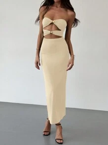 Aloruh Đầm bó sát màu đen thanh lịch, hiện đại, tối giản, trang trí khóa kim loại, dành cho nữ, mùa xuân/hè - Màu be - Xem 4