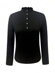 Women's Autumn/Winter Ribbed Turtleneck Long Sleeve Knitted Base Shirt - Black - View 3
