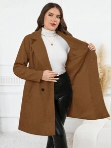 SHEIN Clasi Plus Women Lapel Neck Double Breasted Overcoat,Winter Clothes - Coffee Brown - View 7