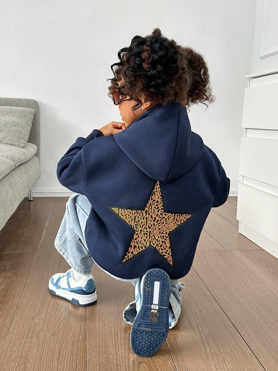 SHEIN Moletom com Capuz de Estampa de Leopardo e Estrela para Meninas Jovens, Adequado para Uso Casual do Dia a Dia com Certo Calor, Combinando Mãe e Filha, Combinando Irmã e Eu, Roupas de Estilo Esportivo, Ótimo para Uso Casual e Diário e Escola em Outono e Inverno