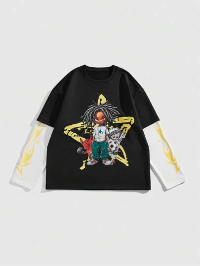 Street Life Herren Cartoon Muster Rundhals Langarm Lässig 2in1 T-Shirt, Herbst