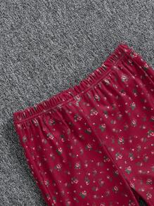 2pcs/Set Pre-Teen Girls Solid Red Floral Allover Print Ruffle Trim Long Sleeve Top And Pants Pajama Set - Red - View 7