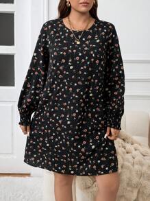SHEIN LUNE Plus Size Casual Everyday Ditsy Floral Long Sleeve Loose Dress, Autumn Holiday Party Dress Party Dresses For Women - Black - View 5