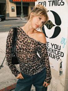 SHEIN EZwear Women Oblique Shoulder Fitted Casual Sexy Black And Gray Leopard Print Mesh Side Ruffle Long Sleeve T-Shirt - Black - View 1