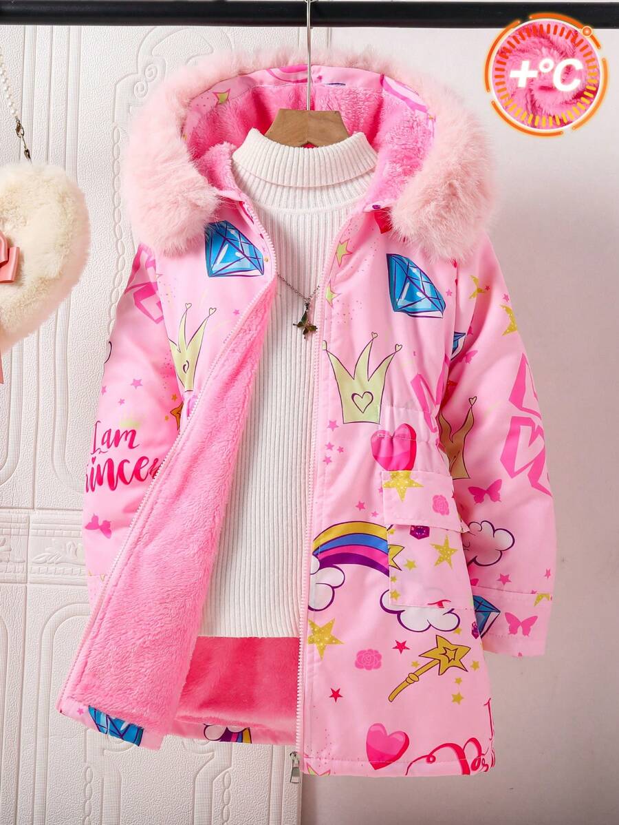 SHEIN Áo khoác mùa đông thường ngày rộng rãi họa tiết vương miện và chữ Tween Girl - Hồng - Xem 1