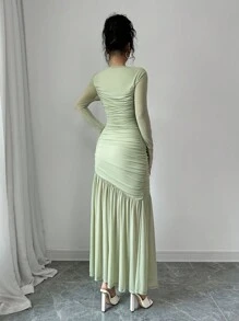 Firerie 女士网眼长袖圆领长裙，秋季休闲连衣裙。适合秋季服装、返校服装、教师服装 - 薄荷綠 - 查看 3