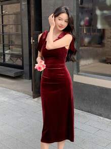 DAZY 女士丝绒中长款派对连衣裙，秋冬优雅婚礼女装红色女装圣诞鸡尾酒会礼服 - 酒紅色 - 查看 6