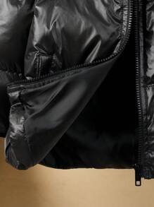 1pc Young Boys Casual Stylish & Practical Comfortable Thick Warm Quilted Padded Hooded Jacket, Suitable For Kids Outfits, Young Boy Clothes, School, Back To School, Daily Wear, Outdoor, Sports, Autumn/Winter - Black - View 5