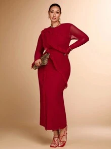 SHEIN BAE 大码女式秋季圆领长袖网眼紧身连衣裙，分层荷叶边设计适合鸡尾酒会、约会、派对、婚礼、正式活动、秋冬季 - 紅色 - 查看 3