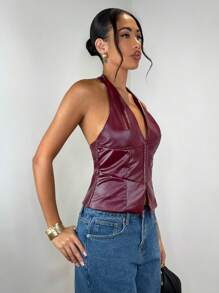 SHEIN BAE Chaleco de mujer de unicolor de PU con botones delanteros y solapa, de corte retro en color borgoña, escote en V sexy. Blusa de tanque, parte superior corta para Navidad, Acción de Gracias y negocios casuales