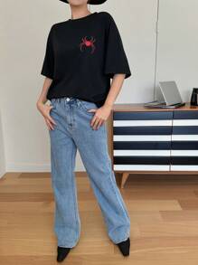 DAZY 女士蜘蛛刺绣宽松圆领短袖套头 T 恤 - 黑色 - 查看 2